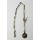 Hallmarked silver Albert pocket watch chain with T-bar and fob, 44.4 grams, 38cm long.