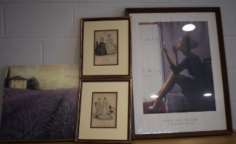 A collection of 4 framed prints, Jack Vettriano Port Gallery together with two etchings The Folley