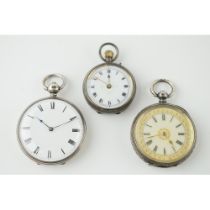 A trio of silver ladies pocket / fob watches to include a 0.935 example with gold coloured hands and