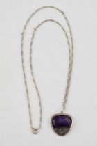 Sterling silver pendant set with Blue John, 25mm tall, on a silver chain, 50cm long.