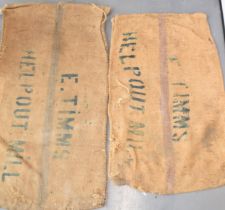 Two vintage corn sacks (blue writing) E. TIMMS HELP OUT. MILL 130cm x 70cm. (2) In vintage condition