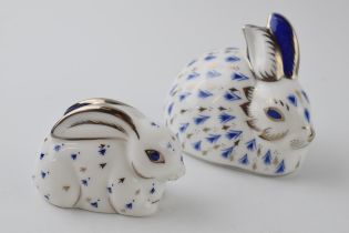 A pair of Royal Crown Derby Paperweights - Platinum Rabbit and Baby Platinum Rabbit, to celebrate