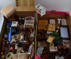 A good quantity of dolls house furniture. Various items in wood and ceramics. (2 trays)