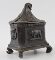 19th century lead tobacco jar with thistles motives and horses head handle. Generally good for