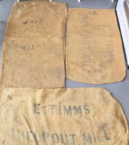 Three vintage corn sacks (black writing) E. TIMMS HELP OUT MILL 130cm x 70cm (3) In vintage