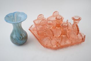 Uranium style glass dressing table set together with another piece of art glass in the style of Alum