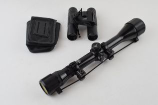 BSA 4 x 40 scope and mounts, complete with lens covers and a cased pair of 10 x 25 compact Virgin