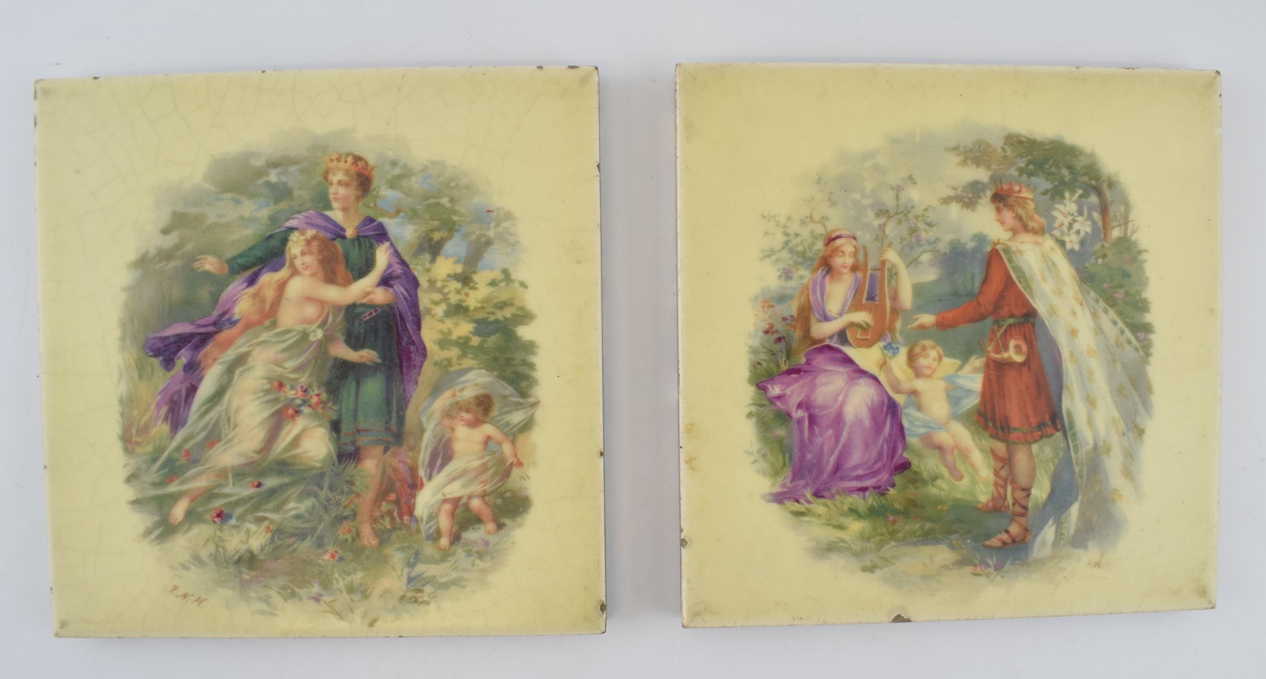 A pair of Victorian transfer printed 6" tiles with colour classical scenes. Initialled J.N.H. (2)