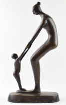 Bronzed figurative sculpture of mother and child sign V K W 2002. Height 47cm, Base 25cm. In good