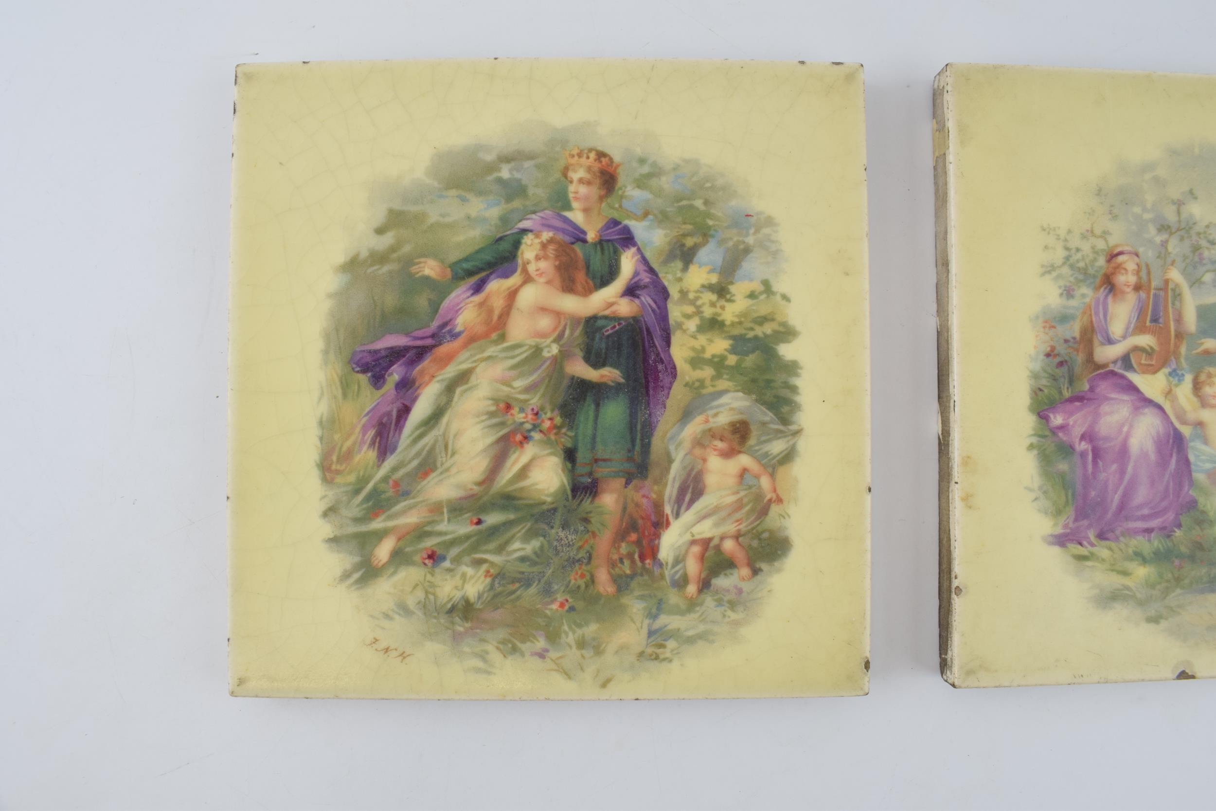 A pair of Victorian transfer printed 6" tiles with colour classical scenes. Initialled J.N.H. (2) - Image 2 of 5