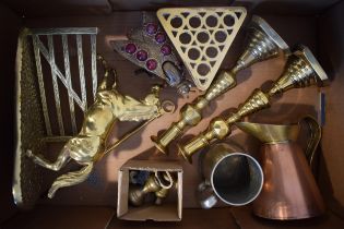 Metalware to include brass jumping horse over a gate, a pair of candlesticks, a trivet, a copper