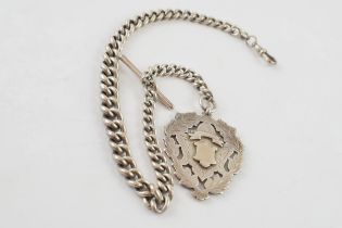 Silver albert chain with T bar and large fob, 94.1 grams, 43cm long.