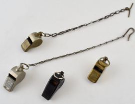 A collection of railway whistles to include Acme Thunderers bearing the railway companies BR (W)