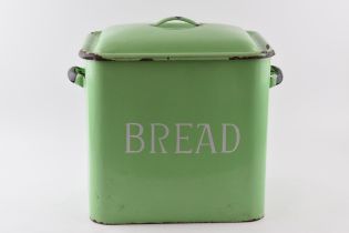 Vintage original mid century enamel bread bin in good green colour, 38cm wide. Damages to enamel