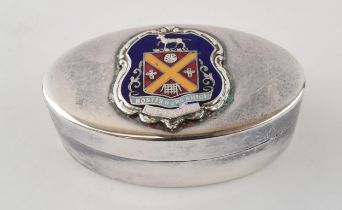 Silver plated snuff box with enamel crest for Abergavenny. Makers mark S & Co to base. Width 7cm.