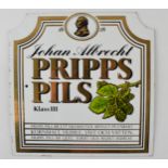 Johan Albrecht Pripps Pils advertising enamel sign. 25cm x 25cm. In good condition.