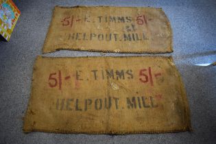 Two vintage corn sacks (red writing) E. TIMMS HELP OUT. MILL 130cm x 70cm (2) Help Out Mill is