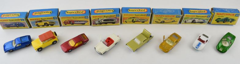 A collection of boxed vintage diecast Matchbox Lesney Superfast cars to include, 5 Lotus Europa,