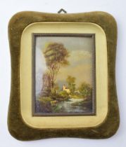 A small framed oil painting with indistinct signature of a woodland house scene, 12x9cm exc. frame.