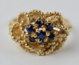 9ct gold sapphire dress ring with ornate setting, 3.5 grams, size M.