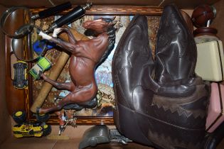Mixed items to include Beswick matt horse, magnifying glasses, pewter, a pair of cowboy boots and