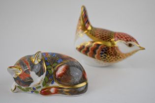 Royal Crown Derby paperweights to include a Catnip Kitten and a Collector's Guild Wren , first