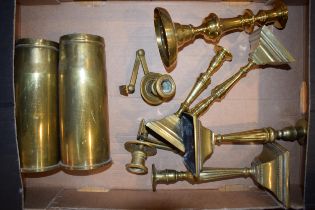 Brass ware to include a pair of post WWII trench art vases with candlesticks.