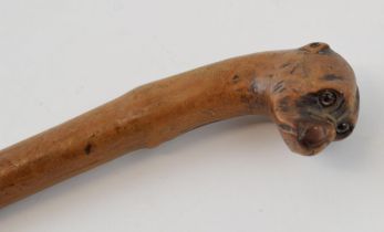 Folk Art walking stick with naively carved head on a Boxer dog with glass eyes and original