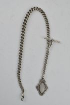 Silver albert chain with T bar and fob, 59.1 grams, 42cm long.