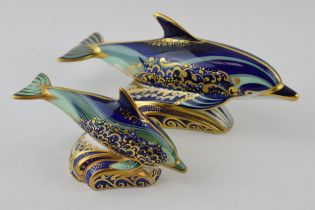 A Royal Crown Derby paperweight, Bottlenose Dolphin and Baby Bottlenose Dolphin (a/f), decorated