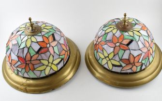 A pair of vintage liberty style stained glass celling mounted light fitings. Floral design with