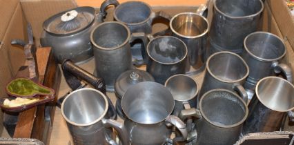 A mixed lot of antique and modern pewter tankards together with a Meerschaum pipe (af), flat iron