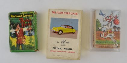 Three packs of vintage playing cards to include Muffin the Mule, The Four Cars Game, and Pepys