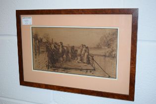 A 19th century etching of water crossing scene with a lurcher and a horse with a framed