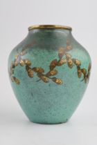 WMF Ikora enamelled vase with gilt floral decoration, 13cm tall. In good condition, light surface