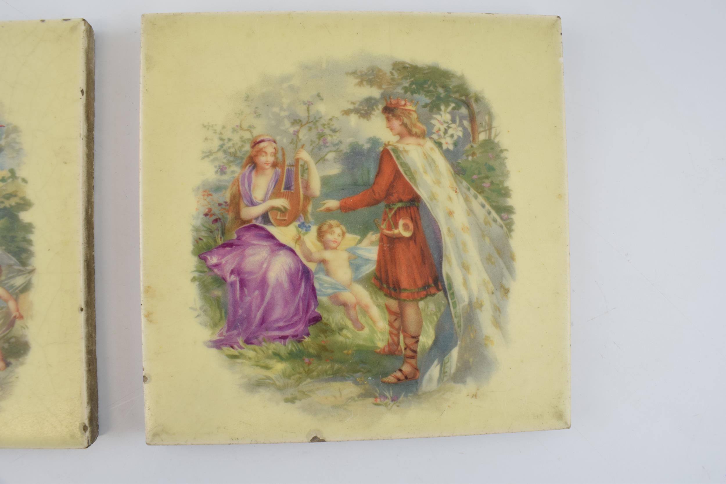 A pair of Victorian transfer printed 6" tiles with colour classical scenes. Initialled J.N.H. (2) - Image 3 of 5