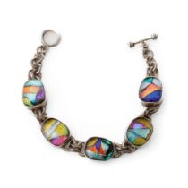 Silver 925 chunky ladies bracelet set with colourful inserts, 36.4 grams, 19cm long.