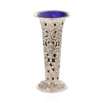 Silver ornate spill vase with blue glass liner, Sheffield 1923, H Atkin, 101.9 grams of silver, 14.