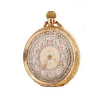 18ct ladies pocket watch with enamelled ceramic face. Case diameter 35mm. Weight 32.3g.