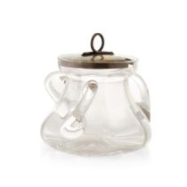 Silver topped glass three handled condiment jar, 33.7 grams of silver, London 1903, 12cm wide. In