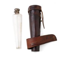 Edwardian silver topped glass saddle flask with original leather saddle case, Birmingham 1905. Glass