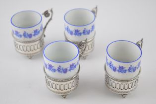 Continental silver 800 ornate cup holders with Bavaria porcelain inserts, set of 4 (8 pieces), 82.