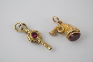 19th century gold and hardstone watch key combined weight 3.66g, together with un-hallmarked