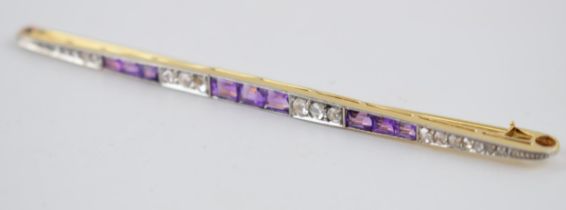 18ct gold and platinum Art Deco brooch set with alternating amethysts and rose cut diamonds, 8.2