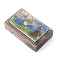 Silver plated cigarette box with enamelled decoration with Dutch scenes, 14cm x 8.5cm. Some