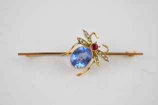 Edwardian 9ct gold brooch, in the form of a spider, set with pearls and similar stones, base metal