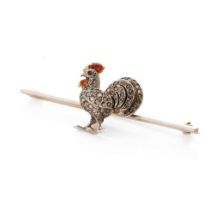 Antique 18ct gold and platinum bar brooch with enamelled cockerel set with old cut diamonds and a