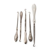 A collection of silver handled button hooks, longest 24.5cm (5).