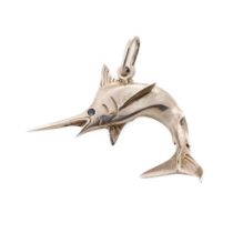 Silver pendant in the form of a swordfish, with sapphire eye, 12.6 grams, 4cm wide.