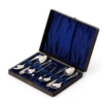 Hallmarked silver set to include 6 spoons and a pair of tongs, 75.0 grams, with bright cut